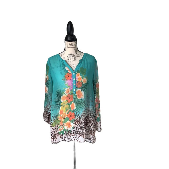 Soft Surroundings Floral Animal Print Popover Long Sleeve Sheer Blouse Sz L - Picture 1 of 8